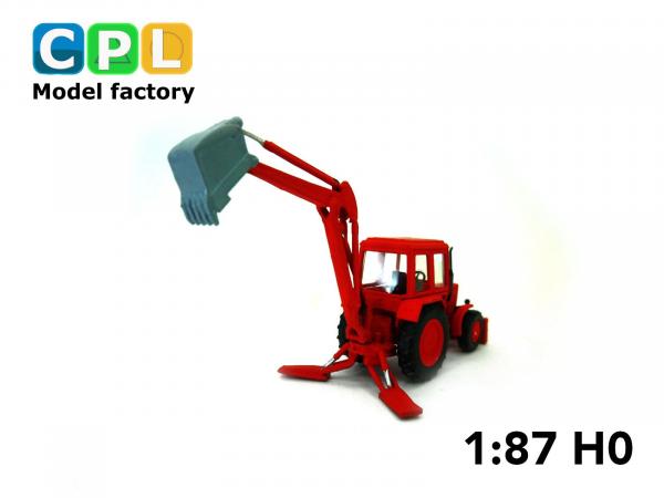 Traktorbagger MTS-82 Schiebeschild – rot Arbeitsstellung Arm oben